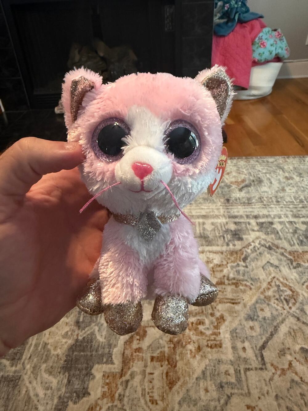 Ty Beanie Boos Fiona Pink Cat Plush Glitter Eyes Ears Feet w/ Tags